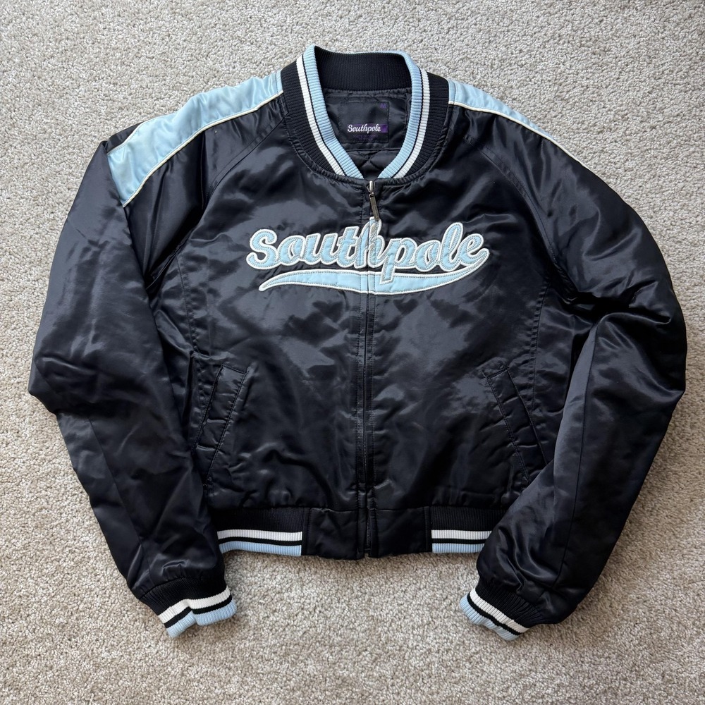 Y2K Southpole Jacket Womens Medium Black Satin Bomber Full Zip Embroidered
